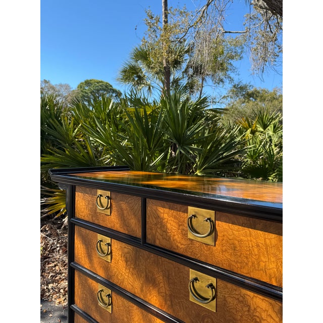 Brass 1970s Raymond K. Sobota for Century Chin Hua Burlwood Campaign Chest – Hollywood Regency Asian Inspired Dresser For Sale - Image 8 of 12