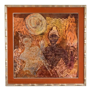 Square Indonesian Burnt Orange and Indigo Figural Batik in Silver Faux Bamboo Frame For Sale
