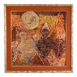 Square Indonesian Burnt Orange and Indigo Figural Batik in Silver Faux Bamboo Frame