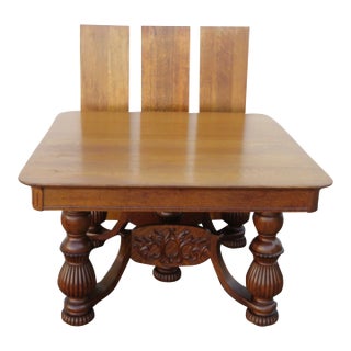 Victorian 1880s Tiger Oak Heavy Carved Dinette Dining Table and 3 Leaves 5754 For Sale