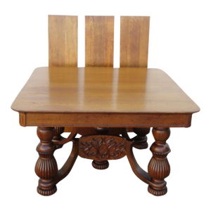 Victorian 1880s Tiger Oak Heavy Carved Dinette Dining Table and 3 Leaves 5754