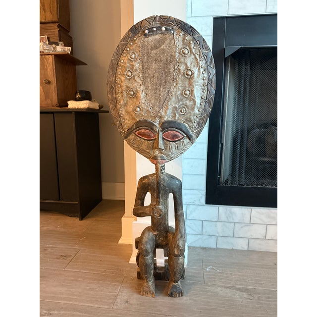 African Monumental Hand-Carved West African Figural Sculptures With Cowrie & Textile Masks — Pair For Sale - Image 3 of 15