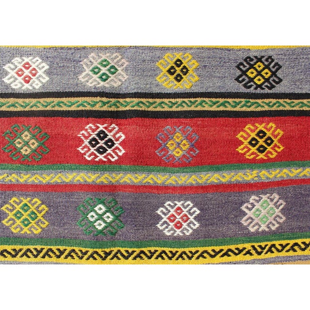 Mid 20th Century Colorful Large Turkish Kilim Carpet With Striped Geometric Shapes Design For Sale - Image 10 of 12