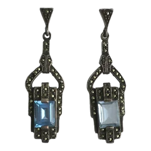 Art Deco Blue Aquamarine and Sterling Silver Drop Earrings, Pair