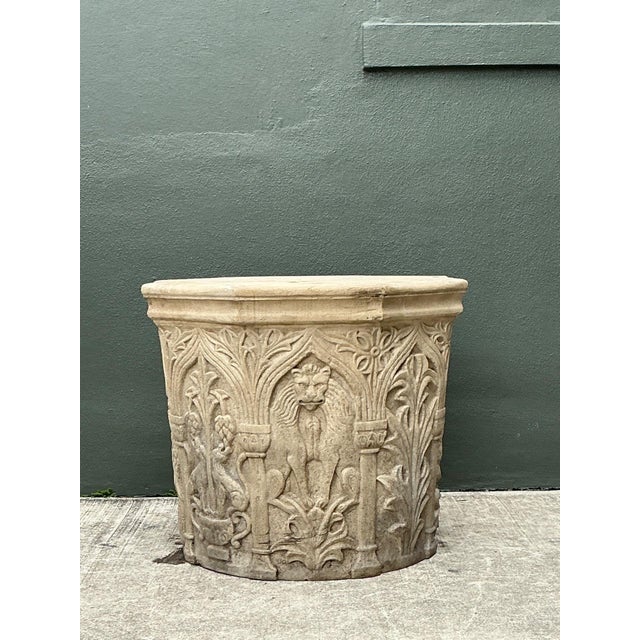 Cream Vintage Cast Stone Lions Head Table Pedestal For Sale - Image 8 of 18