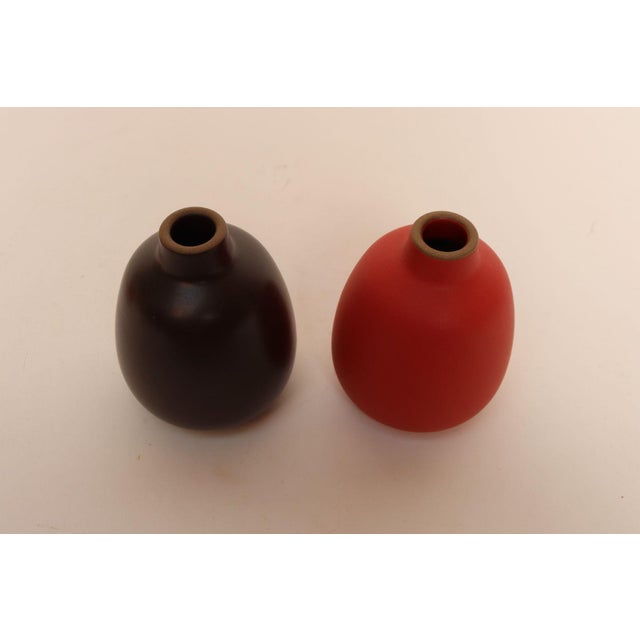 Contemporary Pair of Petite Ceramic Bud Vases #130 in Matte Suede Red and Dark Brown by Heath For Sale - Image 3 of 9