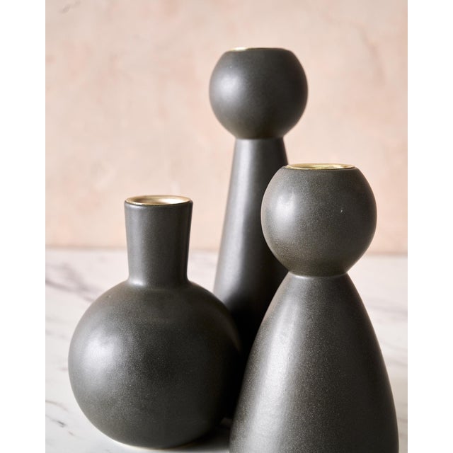 Trio of "Almost Black" Matte Ceramic Taper Candle Holders "Bella," "Bobby," and "Beau" by Lostine For Sale - Image 9 of 12