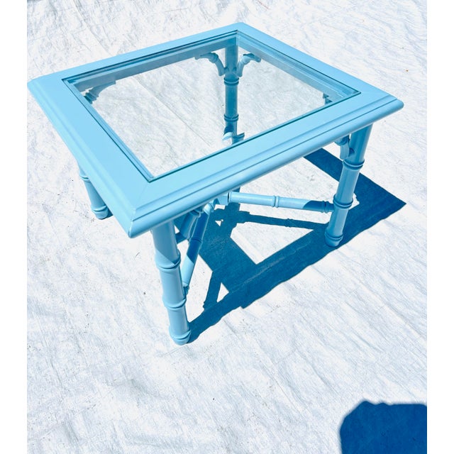 70's Vintage Lane Faux Bamboo Glass Top End Table Newly Painted Robins Egg Blue For Sale In New York - Image 6 of 9