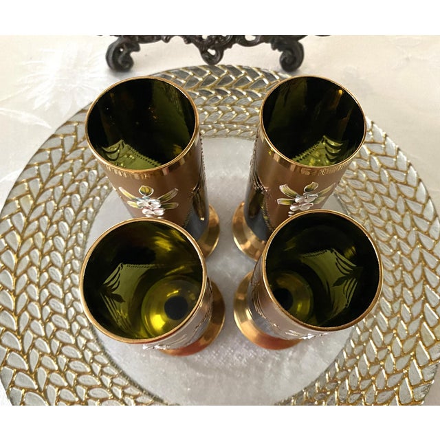 Murano 1950s Mid-Century, Blown Glass Cocktail Glasses, Salviati Murano Attributed, Green & Gold, Cylindrical Shape, Short Stem- Set of 11 For Sale - Image 4 of 17