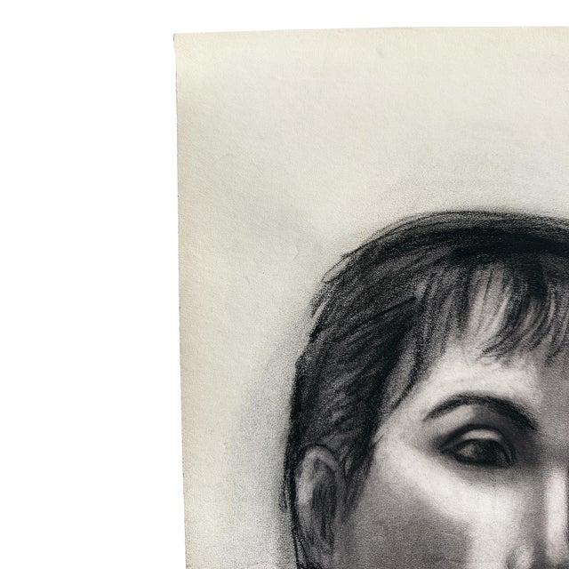 Mid Century Black and White Charcoal Portrait Drawing of a Woman With Short Hair - Signed For Sale In Oklahoma City - Image 6 of 10