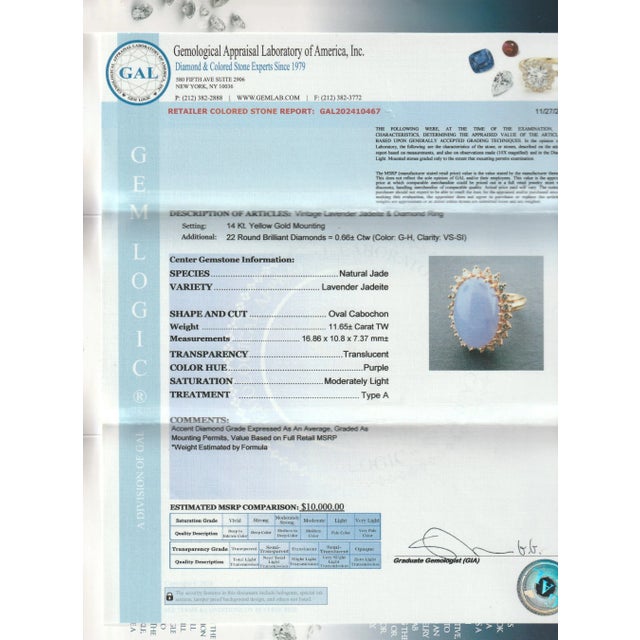 Vintage 14k Gold, Type a Lavender Jadeite, and Diamond Cocktail Ring For Sale - Image 12 of 12