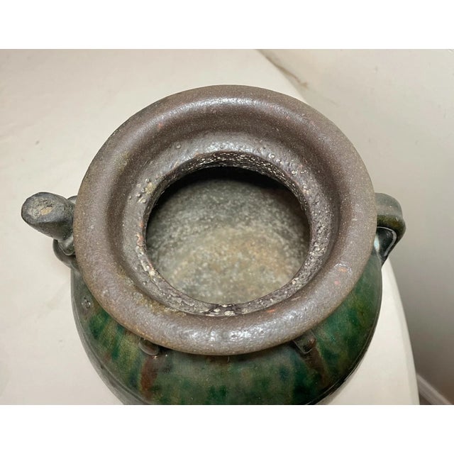 Antique Handmade Chinese 18th Century Pottery Terracotta Green Glaze Wine Jug For Sale - Image 9 of 12