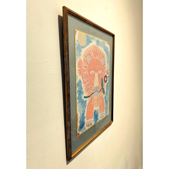 Mid-Century Modern Vintage Framed Henri Hecht Maïk Lion and Butterfly Print. For Sale - Image 3 of 5