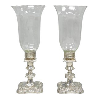 Antique Victorian Silver Plated Glass Hurricane Lamp Shade Candlestick - Pair For Sale