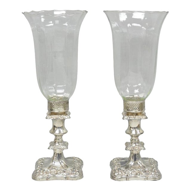 Antique Victorian Silver Plated Glass Hurricane Lamp Shade Candlestick - Pair For Sale