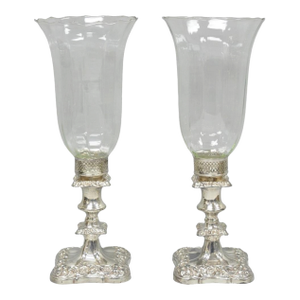 Antique Victorian Silver Plated Glass Hurricane Lamp Shade Candlestick - Pair