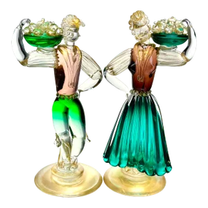 By Gino Fort, Pair of Tall Mid-Century Gilded Murano Art Glass Figures