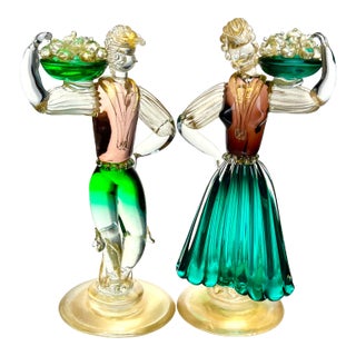 Pair of Tall Mid 20th Century Gilded Murano Art Glass Figures by Gino Fort For Sale