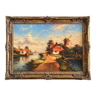 European Village Landscape Wall Art – Scenic Windmill Painting With Ornate Silver Leaf Wood Frame For Sale