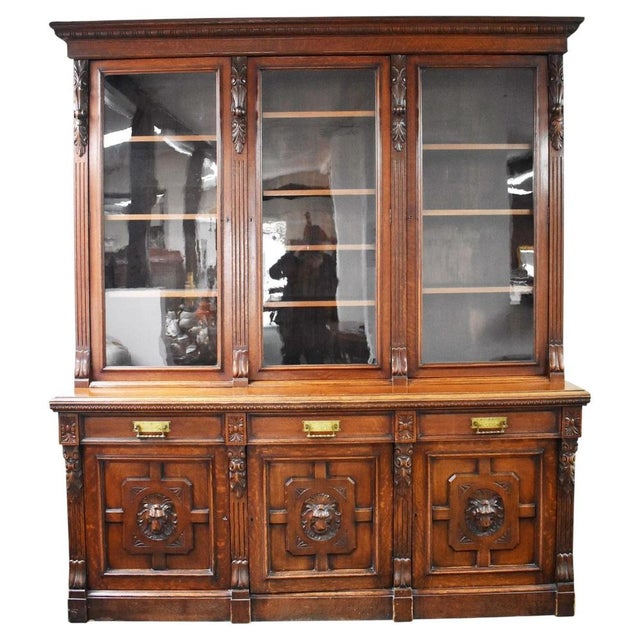 Victorian Three Door Bookcase in Carved Oak, 1880 For Sale - Image 12 of 12