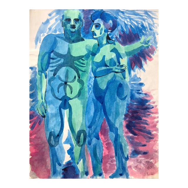 1960 James Bone Mid Century Modern Couple Watercolor For Sale