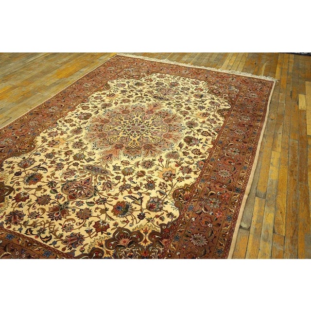 1940s Classic Beige Antique Medallion Tabriz Northwest Knotted Silk Carpet Rug For Sale - Image 4 of 6