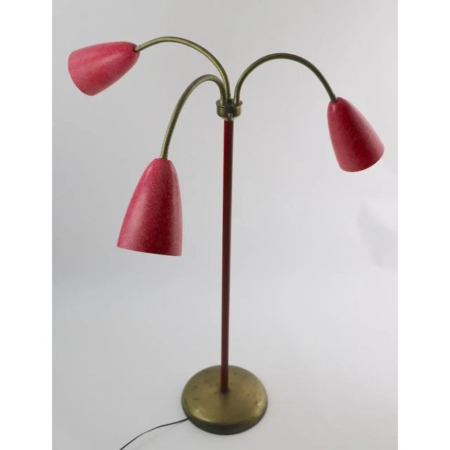 Mid Century Modern gooseneck floor lamp with fiberglass cone shades. This example is is very good, original, working and...