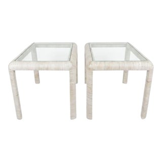 Vintage Coastal White Wash Rattan Wrapped Glass Top Rectangular Side Tables- A Pair For Sale