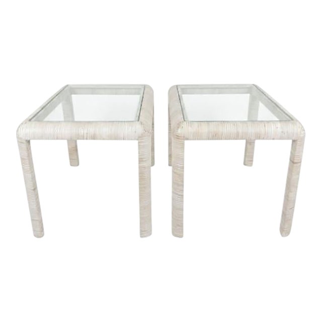 Vintage Coastal White Wash Rattan Wrapped Glass Top Rectangular Side Tables- A Pair For Sale