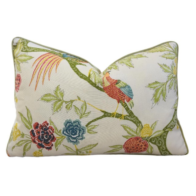 French Country Schumacher Arbre Chinois Linen Floral & Bird Feather/Down Pillow For Sale - Image 3 of 7