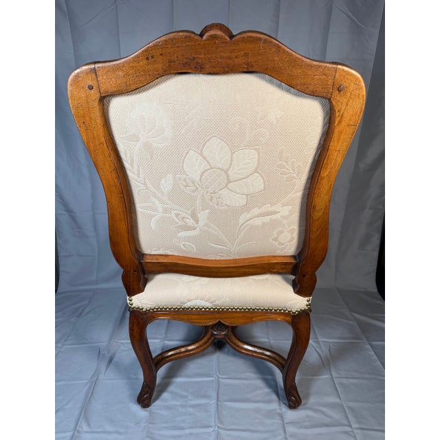 Late 19th Century Louis XV Carved Walnut Side Chair, Cream Damask For Sale - Image 10 of 14