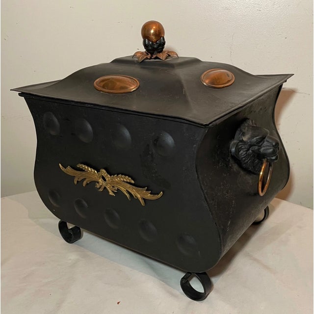 Antique Black Tole Brass Bronze Metal Lion Head Coal Scuttle Box Bucket Bin For Sale - Image 9 of 13