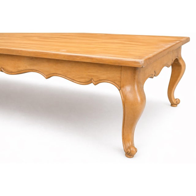Mid 20th Century Extra Large French Provincial Solid Wood Coffee Table — 76” Blonde Wood Cocktail Table With Cabriole Legs For Sale - Image 9 of 12