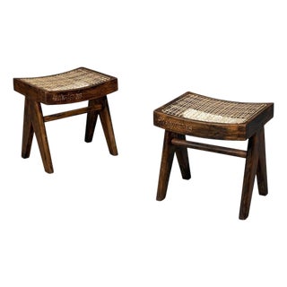 Pierre Jeanneret, Low Cane Stools, Teak, Cane, Chandigarh, India, 1960s For Sale