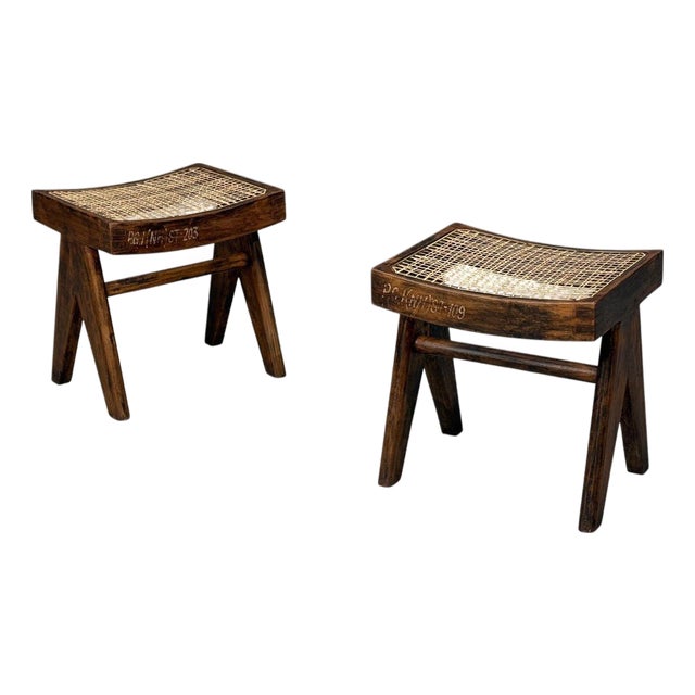 Pierre Jeanneret, Low Cane Stools, Teak, Cane, Chandigarh, India, 1960s For Sale