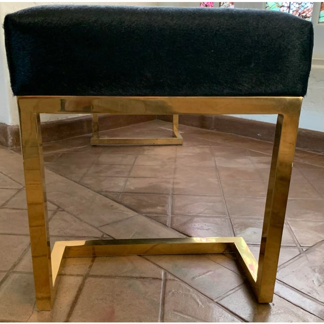 Vintage Tubular Brass Bench With Cowhide Seat For Sale - Image 4 of 6