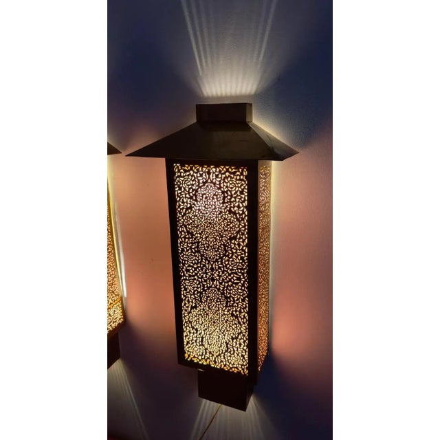 1990s Art Deco Style Filigree Brass Wall Sconces or Lanterns, a Pair For Sale - Image 5 of 12