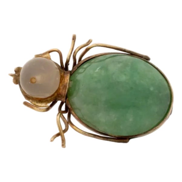 10k Yellow Gold Jade Quartz Insect Brooch For Sale
