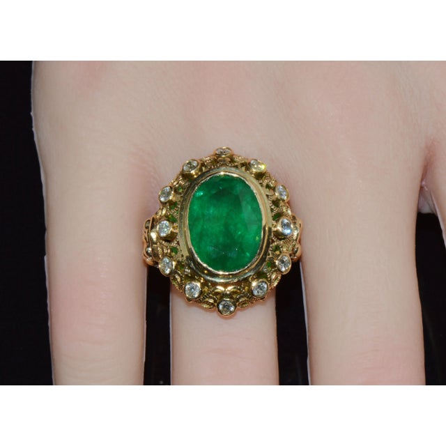 Metal Certified Natural 7.32cts Emerald Diamond 18k Solid Gold Filigree Cocktail Dome Ring, Size 6.75 For Sale - Image 7 of 11