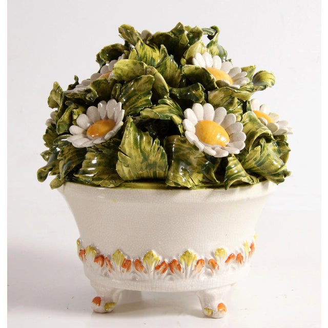 Figurative Vintage Mid Century Italian Majolica Ceramic Figural Pot of Daisy Flowers - Pair Available For Sale - Image 3 of 10