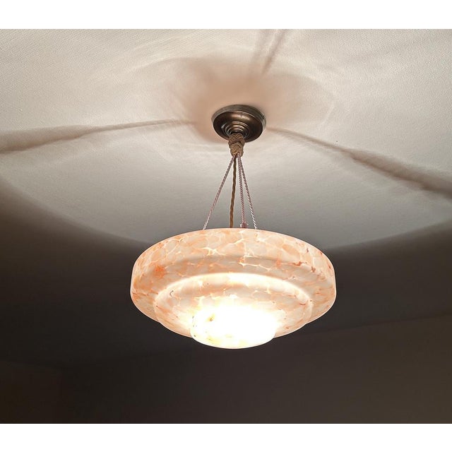 Metal Art Deco Pendant Light in Pink and White Marble Glass, 1930s For Sale - Image 7 of 18