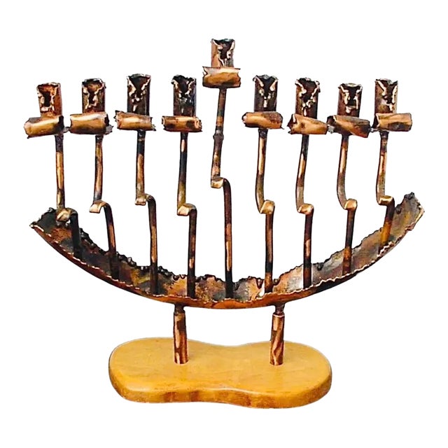 X-Large, Vintage Rami Zamir Torch Cut Hand Forged Brutalist Copper Menorah and Pedestal One of a Kind Israel For Sale