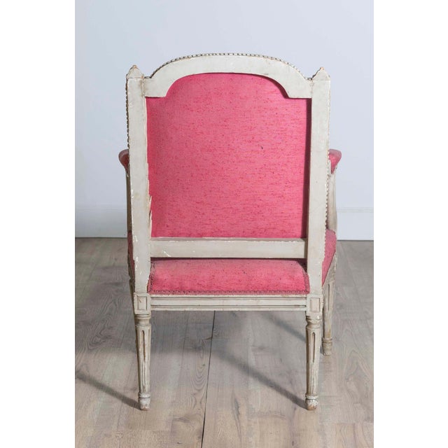 19th Century French Louis XVI Style 19th Century Painted Fauteuil with Abundant Carved Décor For Sale - Image 5 of 10