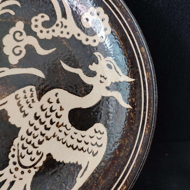 Chinese Ceramic Plate,Jizhou Ware Black Glaze Porcelain Plate Hand Carved Double Phoenix Pattern For Sale - Image 10 of 10