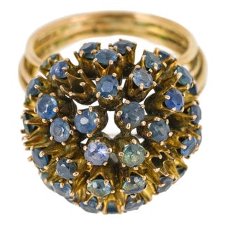 10k Yellow Gold Blue Topaz Cluster Ball Cocktail Ring Vintage For Sale