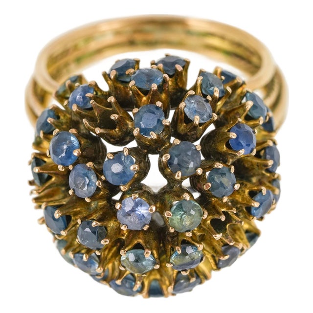 10k Yellow Gold Blue Topaz Cluster Ball Cocktail Ring Vintage For Sale