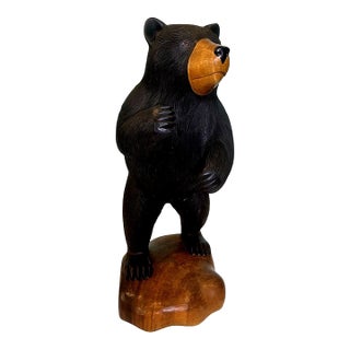 Late 20th Century Rare Rustic Carved Wooden Standing Bear Lamp With Intricate Details For Sale