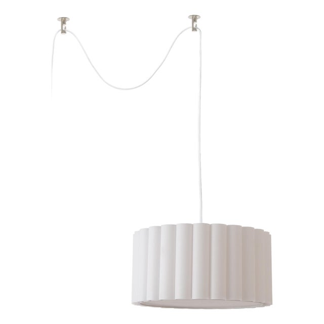 Scallop Pendant Swag Kit Light Fixure by Nova of California - Satin Nickel, Fabric Drum Shade For Sale