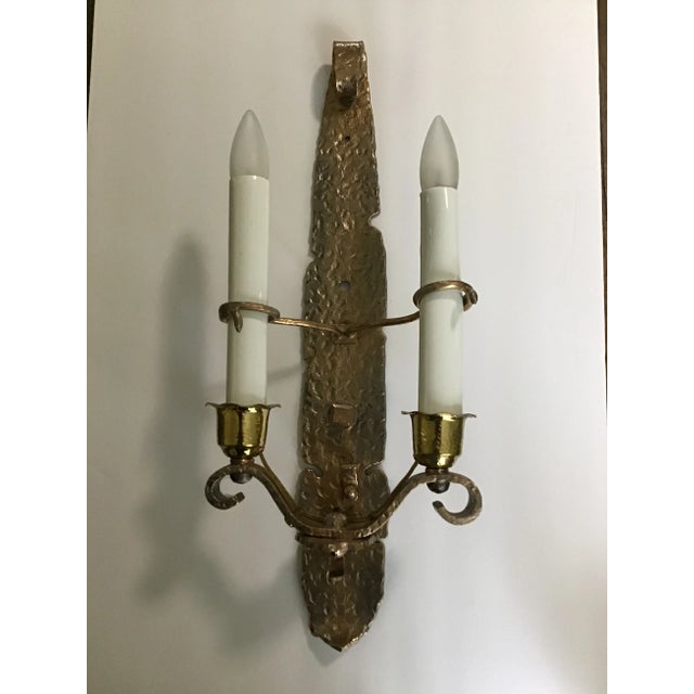 Arts & Crafts Hammered Brass Double Wall Sconces 1 or a Pair For Sale In Cleveland - Image 6 of 12