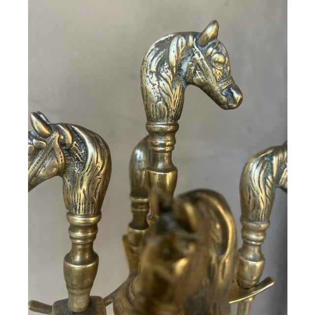 French Brass Horse Head Fireplace Tool Set For Sale - Image 4 of 12